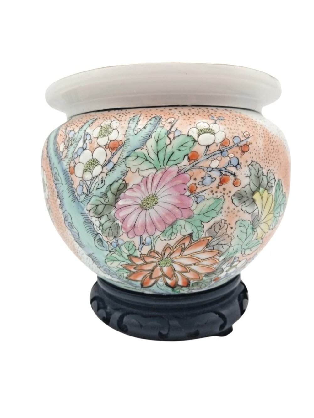 Vintage Chinoiserie Hand Painted Macau Porcelain Planter Jardiniere Wood Stand
